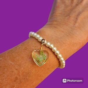 3/$20 Acrylic Pearl Beaded Stretch Dried Flower Heart Charm Coquette Bracelet